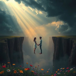 A poignant and emotional scene depicting a couple standing on opposite sides of a vast, ethereal chasm that represents the distance between them