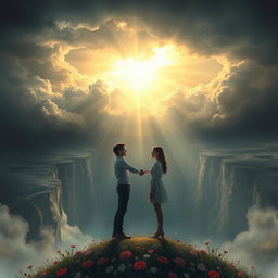 A poignant and emotional scene depicting a couple standing on opposite sides of a vast, ethereal chasm that represents the distance between them