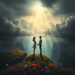 A poignant and emotional scene depicting a couple standing on opposite sides of a vast, ethereal chasm that represents the distance between them