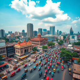 A vibrant and expansive aerial view of Dhaka city, showcasing the bustling urban landscape with its mix of modern skyscrapers, traditional architecture, and busy streets filled with colorful rickshaws