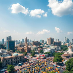 A vibrant and expansive aerial view of Dhaka city, showcasing the bustling urban landscape with its mix of modern skyscrapers, traditional architecture, and busy streets filled with colorful rickshaws
