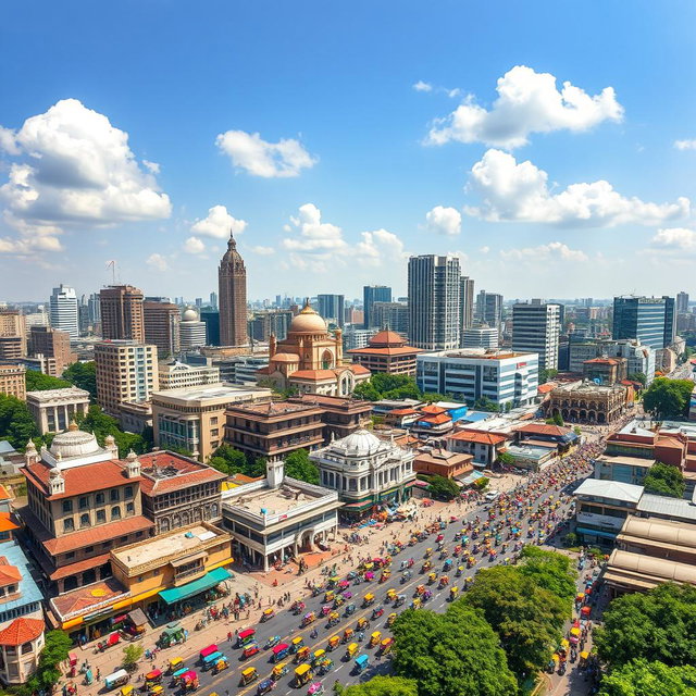 A vibrant and expansive aerial view of Dhaka city, showcasing the bustling urban landscape with its mix of modern skyscrapers, traditional architecture, and busy streets filled with colorful rickshaws