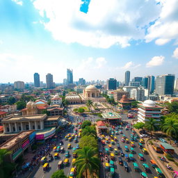 A vibrant and expansive aerial view of Dhaka city, showcasing the bustling urban landscape with its mix of modern skyscrapers, traditional architecture, and busy streets filled with colorful rickshaws
