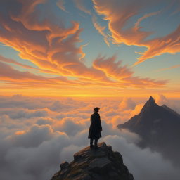 A landscape depicting a lone figure standing atop a rocky cliff, gazing over a vast sea of clouds, reminiscent of 19th-century Romanticism