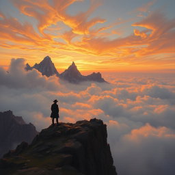A landscape depicting a lone figure standing atop a rocky cliff, gazing over a vast sea of clouds, reminiscent of 19th-century Romanticism