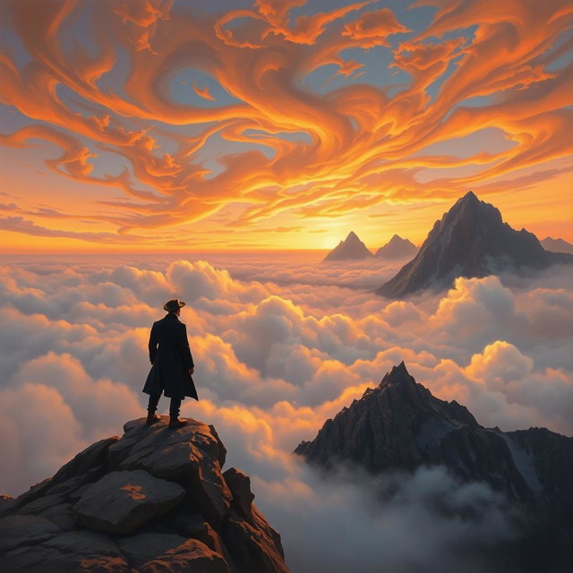 A landscape depicting a lone figure standing atop a rocky cliff, gazing over a vast sea of clouds, reminiscent of 19th-century Romanticism