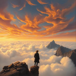 A landscape depicting a lone figure standing atop a rocky cliff, gazing over a vast sea of clouds, reminiscent of 19th-century Romanticism