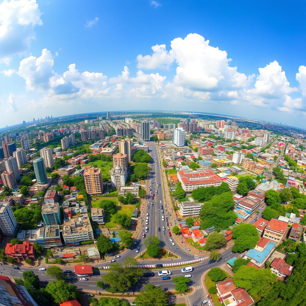A large panoramic view of Dhaka city, showcasing a vibrant urban skyline filled with modern architecture and traditional buildings, bustling streets filled with traffic, greenery and parks amid the cityscape, blue sky with fluffy white clouds, showing a mix of residential and commercial areas, the vibrant colors of the city life emphasized, capturing the essence of the city as a thriving metropolis