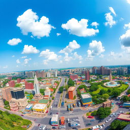 A large panoramic view of Dhaka city, showcasing a vibrant urban skyline filled with modern architecture and traditional buildings, bustling streets filled with traffic, greenery and parks amid the cityscape, blue sky with fluffy white clouds, showing a mix of residential and commercial areas, the vibrant colors of the city life emphasized, capturing the essence of the city as a thriving metropolis
