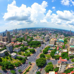 A large panoramic view of Dhaka city, showcasing a vibrant urban skyline filled with modern architecture and traditional buildings, bustling streets filled with traffic, greenery and parks amid the cityscape, blue sky with fluffy white clouds, showing a mix of residential and commercial areas, the vibrant colors of the city life emphasized, capturing the essence of the city as a thriving metropolis
