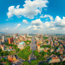 A large panoramic view of Dhaka city, showcasing a vibrant urban skyline filled with modern architecture and traditional buildings, bustling streets filled with traffic, greenery and parks amid the cityscape, blue sky with fluffy white clouds, showing a mix of residential and commercial areas, the vibrant colors of the city life emphasized, capturing the essence of the city as a thriving metropolis