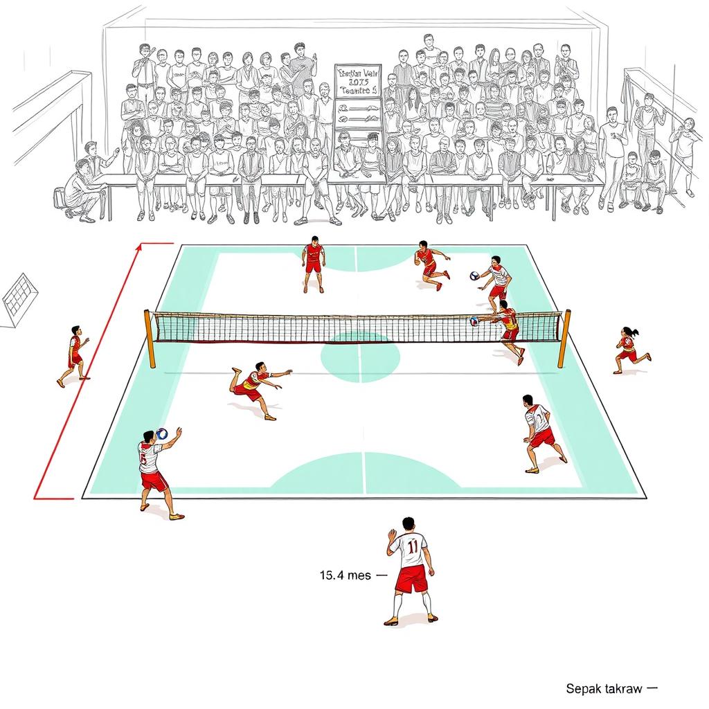 A detailed sketch of a Sepak Takraw court, showcasing the dimensions of the court along with the positions of players in action