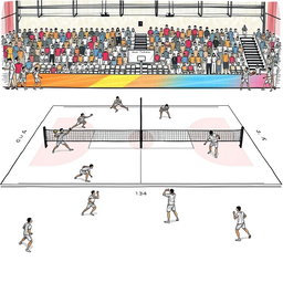 A detailed sketch of a Sepak Takraw court, showcasing the dimensions of the court along with the positions of players in action