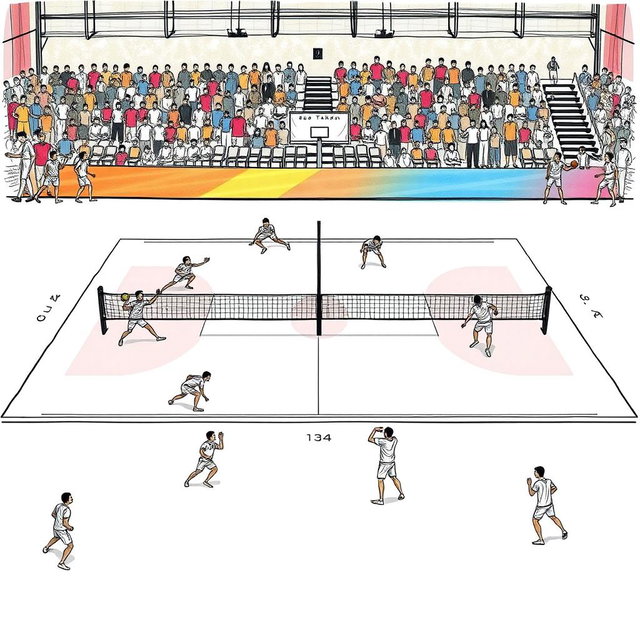 A detailed sketch of a Sepak Takraw court, showcasing the dimensions of the court along with the positions of players in action