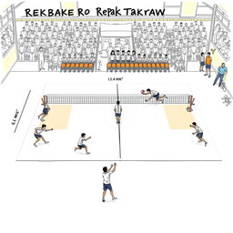 A detailed sketch of a Sepak Takraw court, showcasing the dimensions of the court along with the positions of players in action