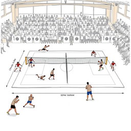 A detailed sketch of a Sepak Takraw court, showcasing the dimensions of the court along with the positions of players in action