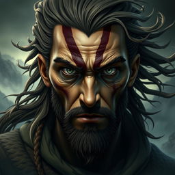 A character with a striking facial design, featuring a prominent vertical scar running from the forehead down through one eye, similar to the character Scar from popular media