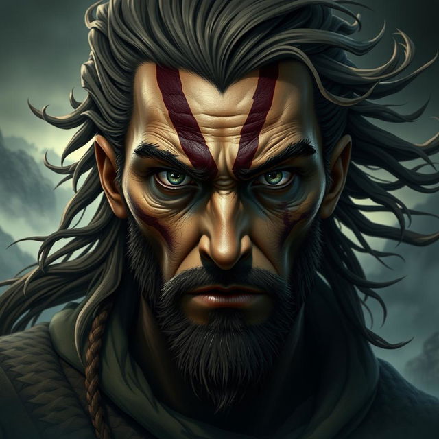 A character with a striking facial design, featuring a prominent vertical scar running from the forehead down through one eye, similar to the character Scar from popular media