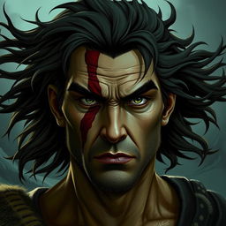 A character with a striking facial design, featuring a prominent vertical scar running from the forehead down through one eye, similar to the character Scar from popular media