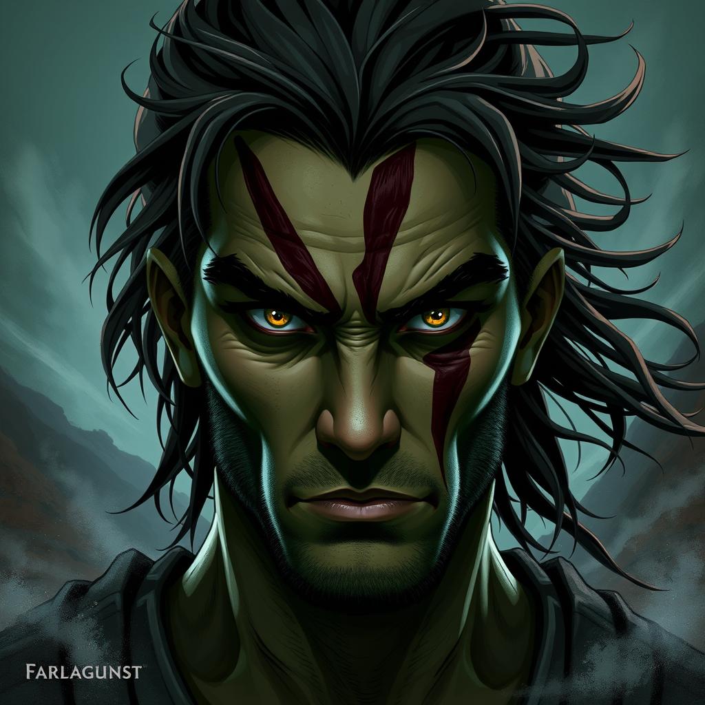 A character with a striking facial design, featuring a prominent vertical scar running from the forehead down through one eye, similar to the character Scar from popular media