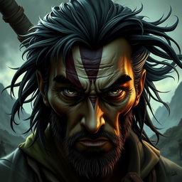 A character with a striking facial design, featuring a prominent vertical scar running from the forehead down through one eye, similar to the character Scar from popular media