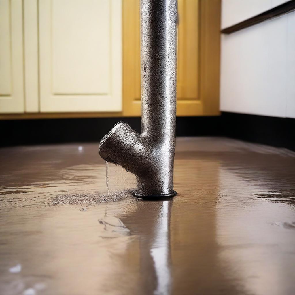 An image displaying a metal pipe in a kitchen, visibly leaking water onto the floor