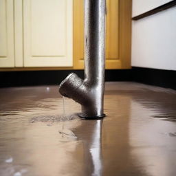 An image displaying a metal pipe in a kitchen, visibly leaking water onto the floor