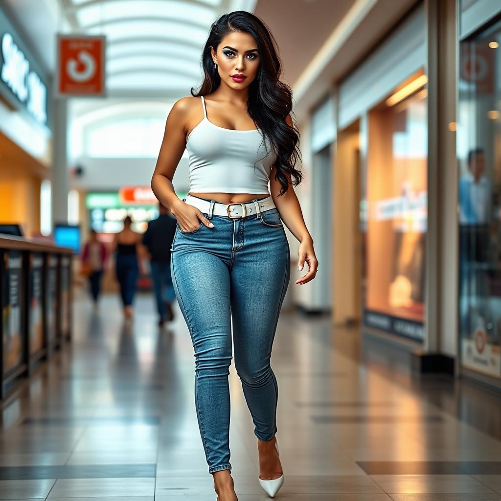A full-length photograph of a sexy, stunning, bottom-heavy 18-year-old woman with pale skin and beautiful black hair