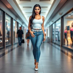 A full-length photograph of a sexy, stunning, bottom-heavy 18-year-old woman with pale skin and beautiful black hair
