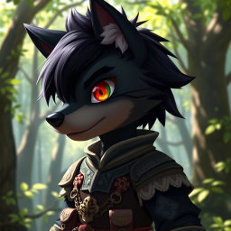 A young furry wolf character with sleek black fur, showcasing a striking red eye on the right and a green eye on the left, featuring a distinctive scar across the left eye