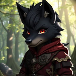 A young furry wolf character with sleek black fur, showcasing a striking red eye on the right and a green eye on the left, featuring a distinctive scar across the left eye