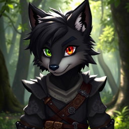 A young furry wolf character with sleek black fur, showcasing a striking red eye on the right and a green eye on the left, featuring a distinctive scar across the left eye