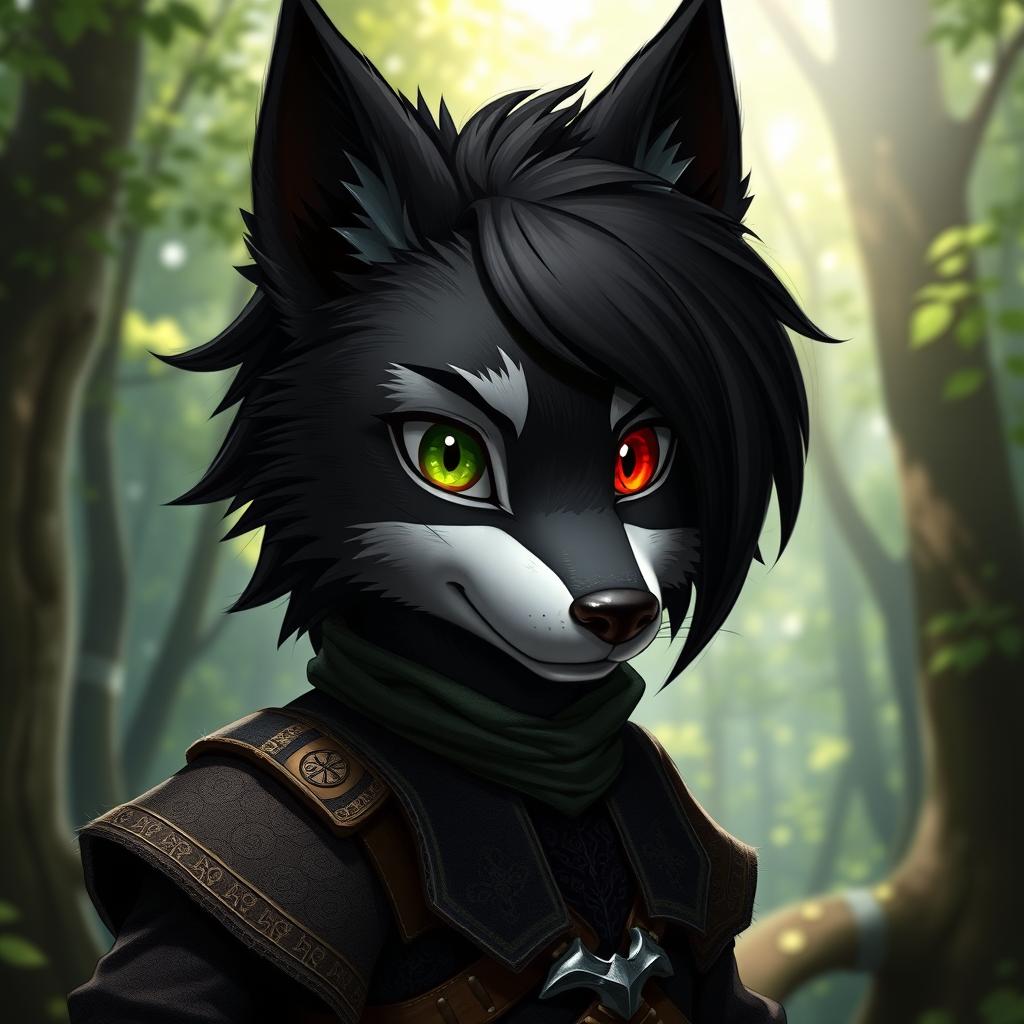 A young furry wolf character with sleek black fur, showcasing a striking red eye on the right and a green eye on the left, featuring a distinctive scar across the left eye