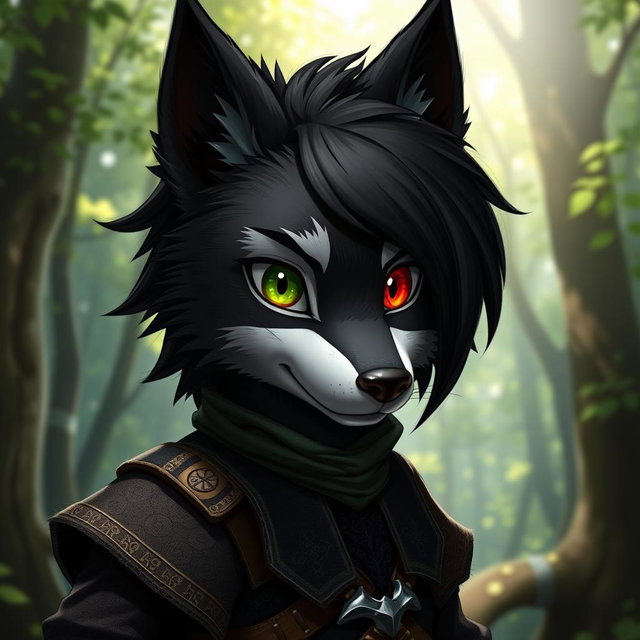 A young furry wolf character with sleek black fur, showcasing a striking red eye on the right and a green eye on the left, featuring a distinctive scar across the left eye