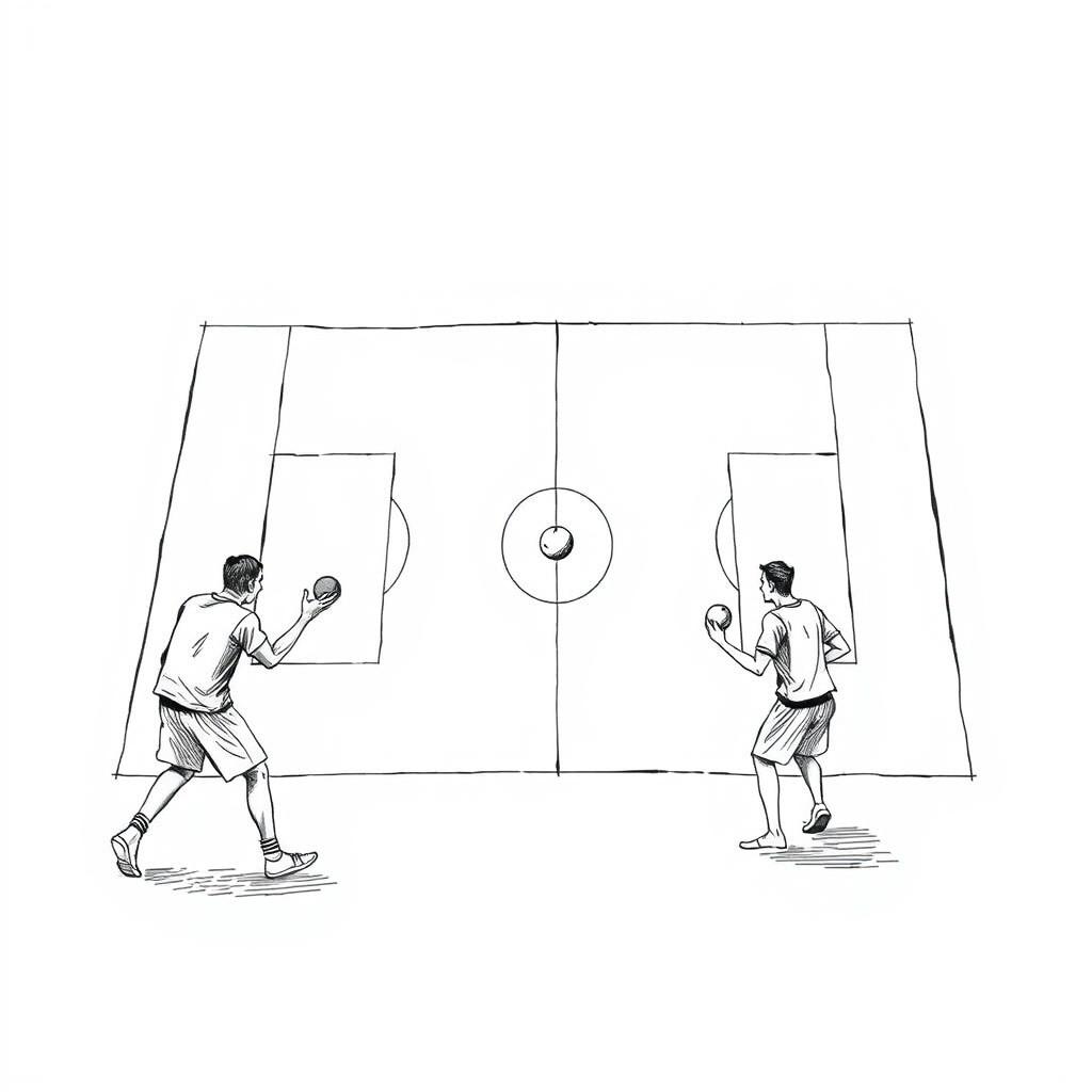 A detailed sketch of a takraw court, illustrating the court dimensions clearly