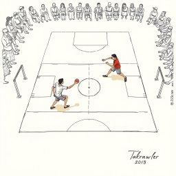 A detailed sketch of a takraw court, illustrating the court dimensions clearly