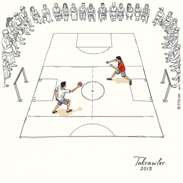 A detailed sketch of a takraw court, illustrating the court dimensions clearly