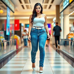A full-length photograph of a sexy, stunning, bottom-heavy, curvy 18-year-old woman with pale skin and beautiful black hair