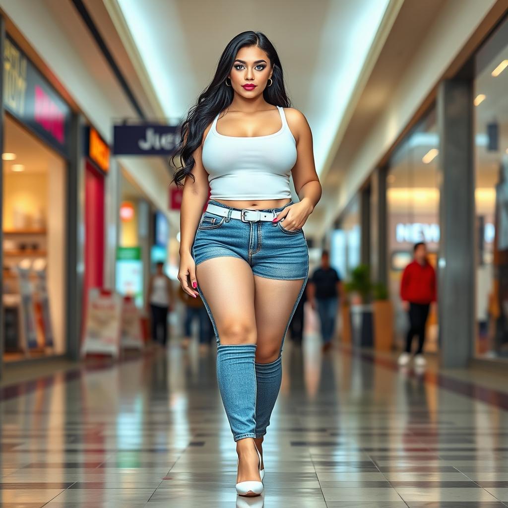 A full-length photograph of a sexy, stunning, bottom-heavy, curvy 18-year-old woman with pale skin and beautiful black hair