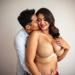 A 39-year-old Indonesian man with pure white skin is tenderly hugging a beautiful 28-year-old woman with a sturdy, sexy body from behind, showcasing intimacy and affection as he kisses her cheek