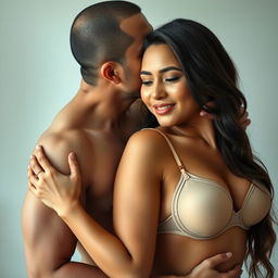 A 39-year-old Indonesian man with pure white skin is tenderly hugging a beautiful 28-year-old woman with a sturdy, sexy body from behind, showcasing intimacy and affection as he kisses her cheek