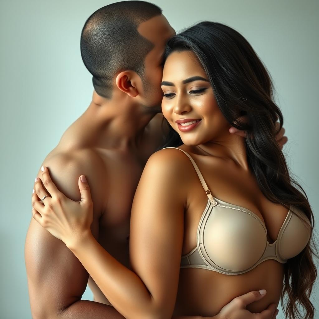 A 39-year-old Indonesian man with pure white skin is tenderly hugging a beautiful 28-year-old woman with a sturdy, sexy body from behind, showcasing intimacy and affection as he kisses her cheek