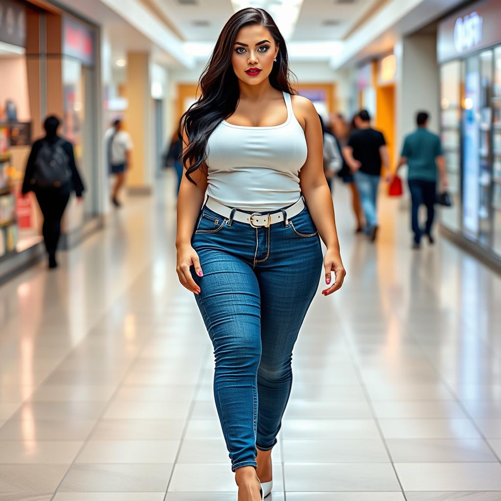 A full-length photograph of a sexy, stunning, bottom-heavy, curvy 18-year-old woman with pale skin and beautiful black hair