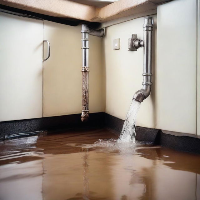 An image displaying a metal pipe in a kitchen, visibly leaking water onto the floor