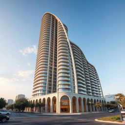 A stunning 20-floor residential tower with a dynamic form inspired by the 40-columns Palace, reaching towards the sky