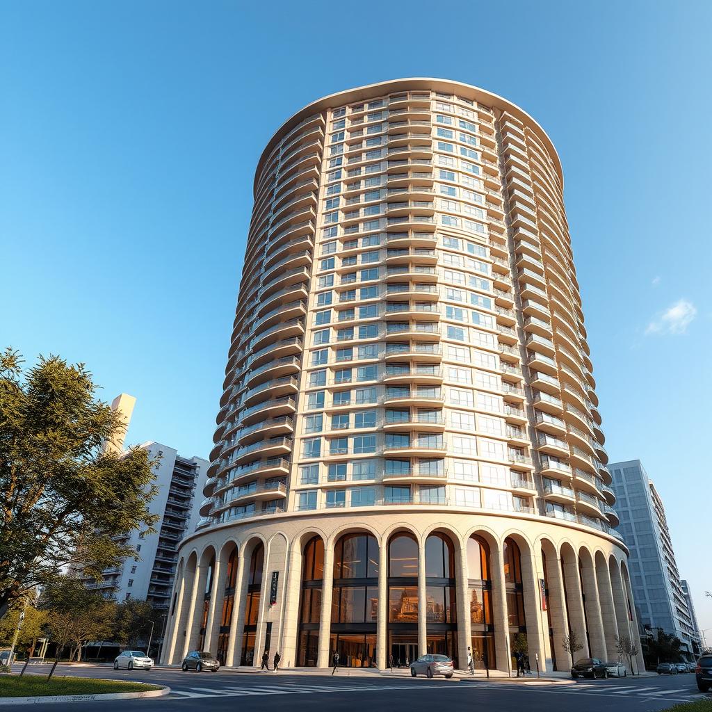A stunning 20-floor residential tower with a dynamic form inspired by the 40-columns Palace, reaching towards the sky