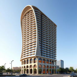 A stunning 20-floor residential tower with a dynamic form inspired by the 40-columns Palace, reaching towards the sky