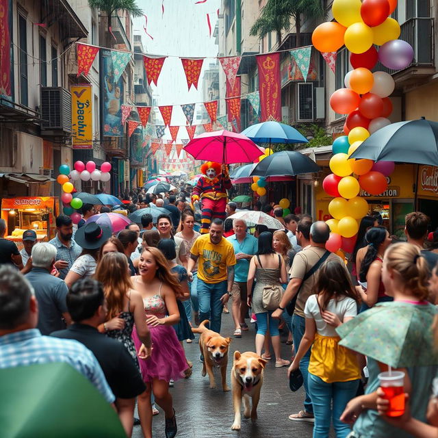 A chaotic urban street scene during a vibrant festival, with colorful decorations and a large crowd enjoying the festivities