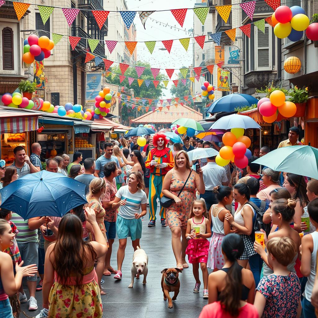 A chaotic urban street scene during a vibrant festival, with colorful decorations and a large crowd enjoying the festivities