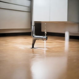 An image displaying a metal pipe in a kitchen, visibly leaking water onto the floor